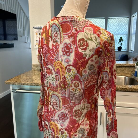 Manuel Canovas Womens Long Sleeve V Neck Floral Shift Dress 100% Silk 8 10 - Picture 10 of 16